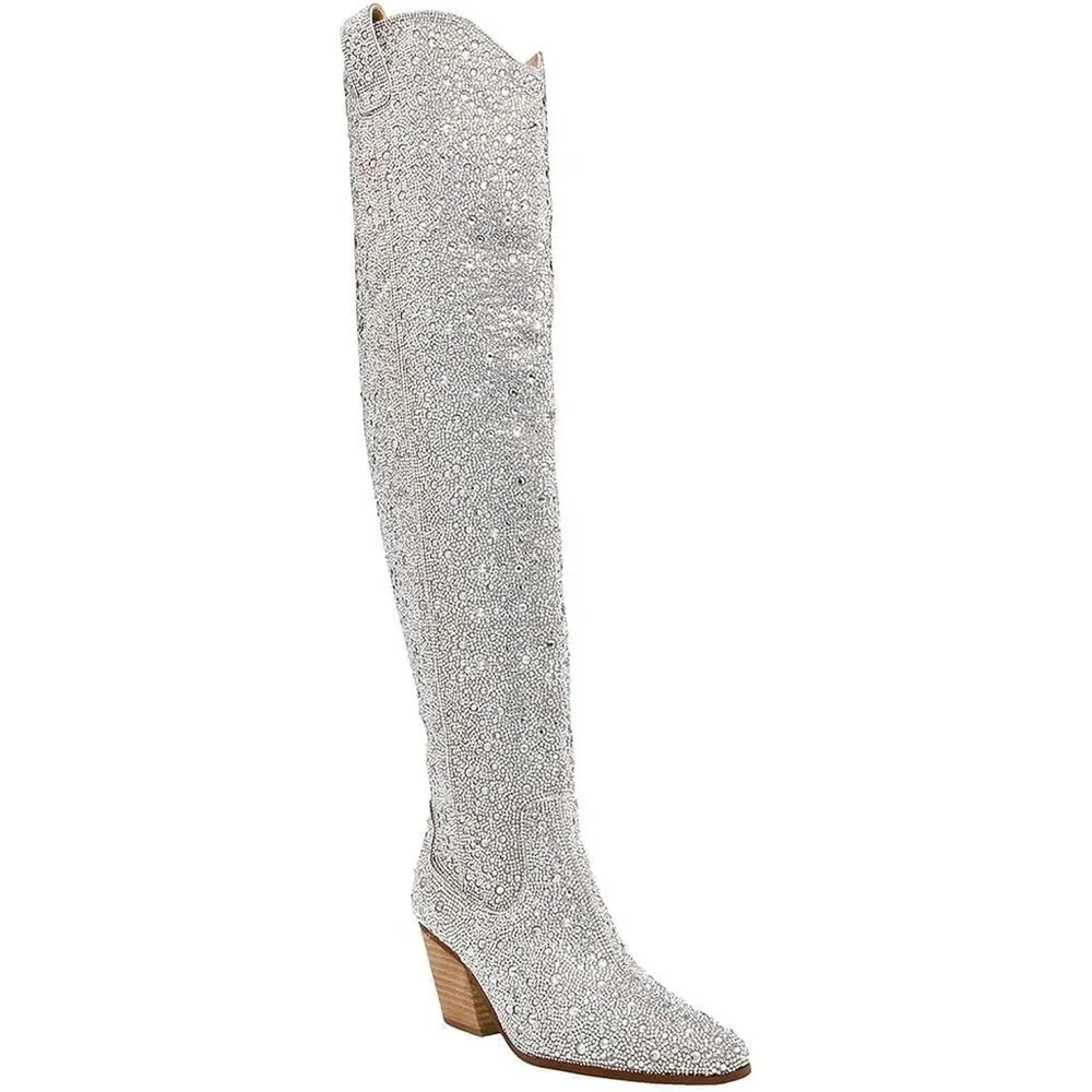 Women's Silver Over The Knee Rhinestone Pointed Toe Chunky Heels Zipper Boots